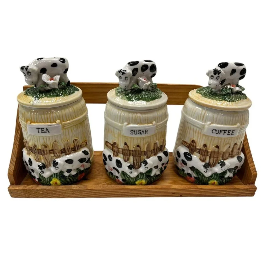 Set of 3 Vintage Ceramic Cow Jars with Wooden Holder Coffee Tea Sugar Bar